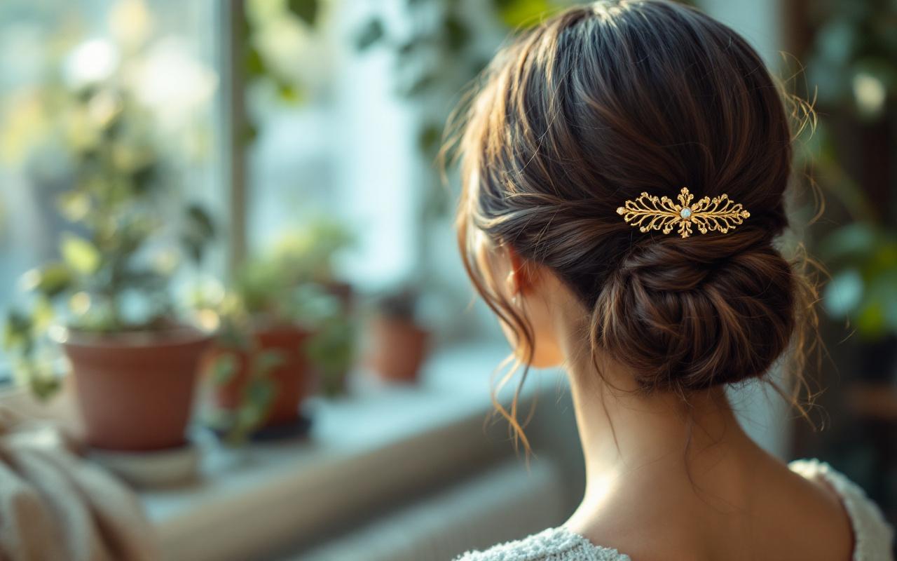 Gros plan d'un chignon bas maintenu par une barrette dorée, cheveux texturés et mèches lâches, lumière douce du matin et arrière-plan flou avec touches de vert et de bleu.