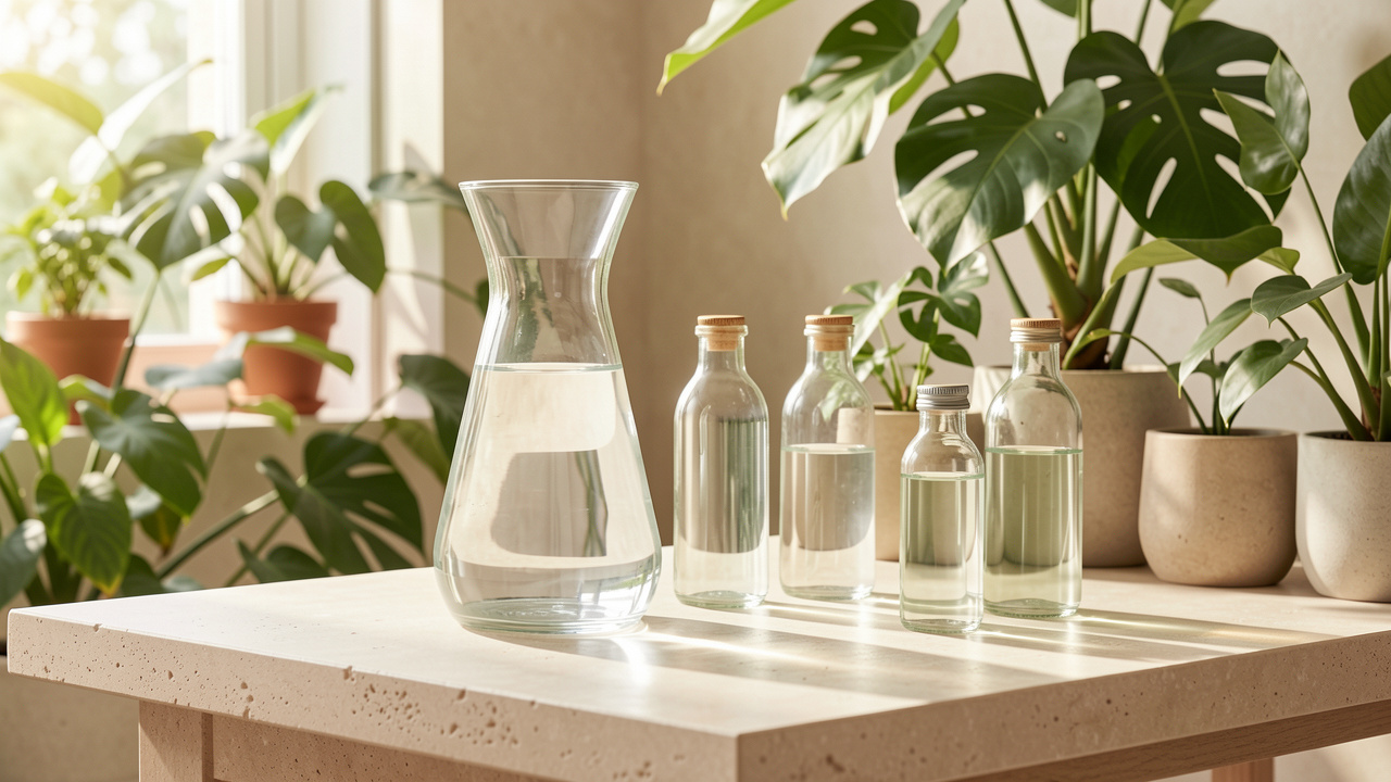 Carafe d’eau minérale et bouteilles en verre disposées sur une table claire dans une salle de bain lumineuse, entourées de végétation.