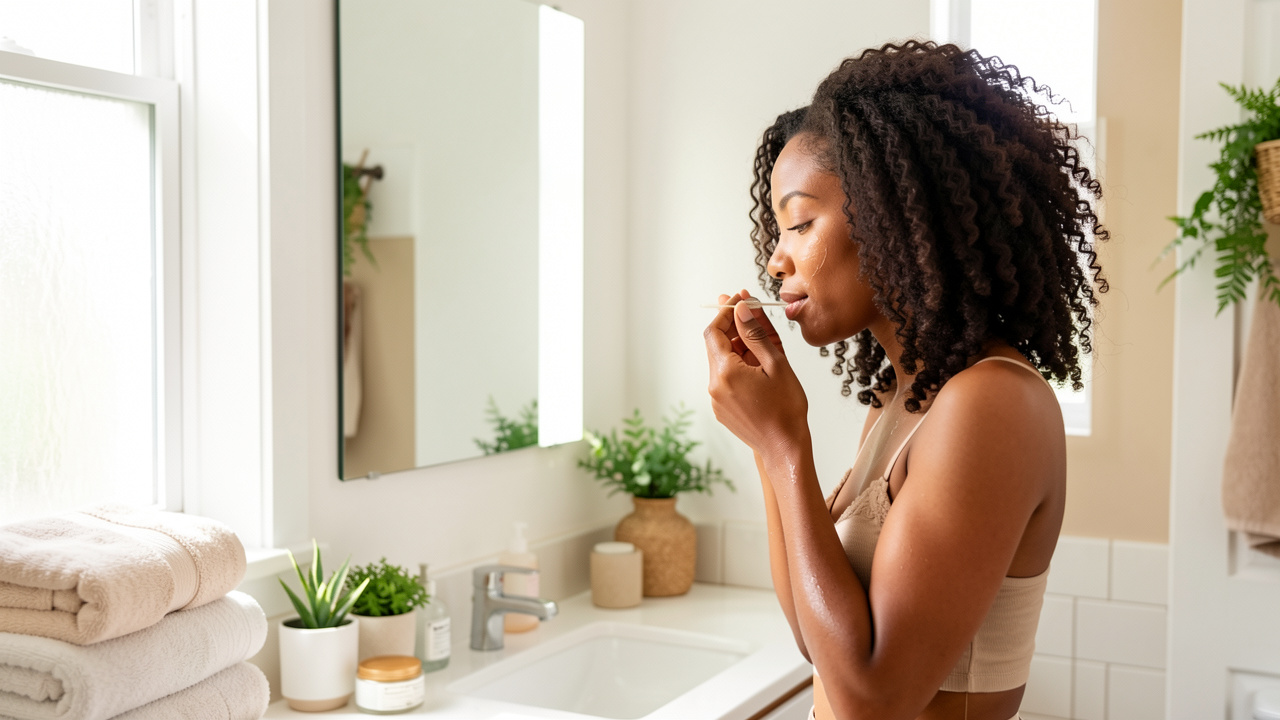 Femme appliquant délicatement un soin capillaire devant un miroir dans une salle de bain lumineuse, avec des cheveux naturels et en bonne santé.