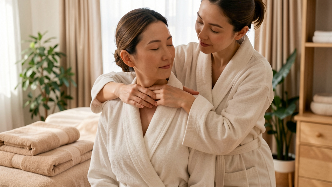 Une femme détendue reçoit un massage doux des épaules par une thérapeute dans une atmosphère paisible d’institut de bien-être.