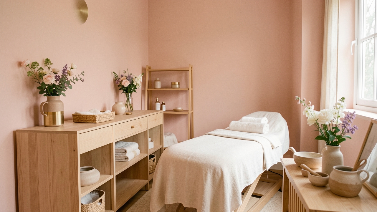 Intérieur intimiste d’un institut de beauté à Maisdon-sur-Sèvre, décoré dans des tons poudrés avec du bois clair, des fleurs délicates, des matières naturelles et de discrètes touches dorées sous une lumière douce.
