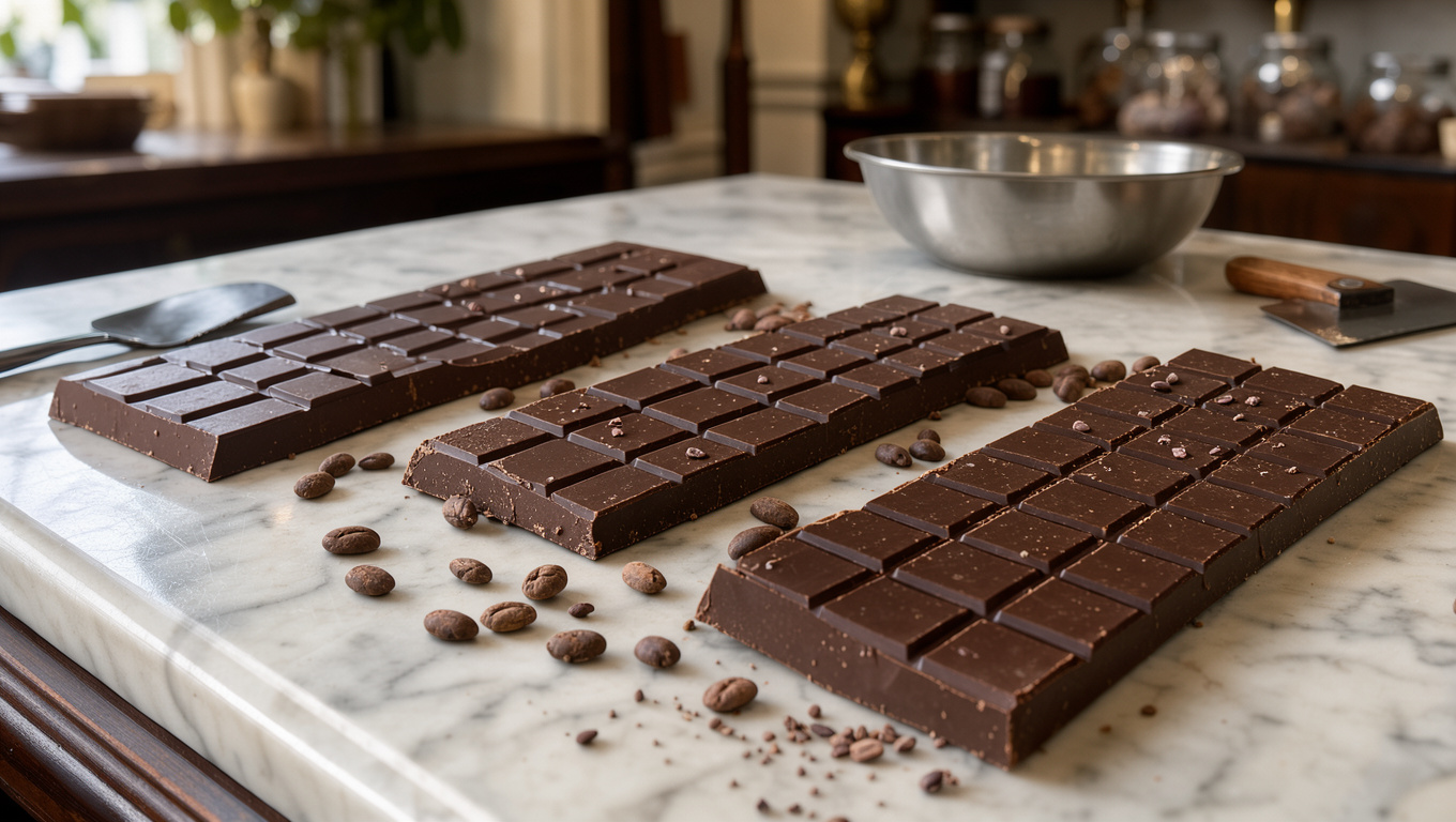 Tablettes de chocolat noir artisanal disposées sur une table en marbre clair, entourées de fèves de cacao dans une ambiance élégante et lumineuse.